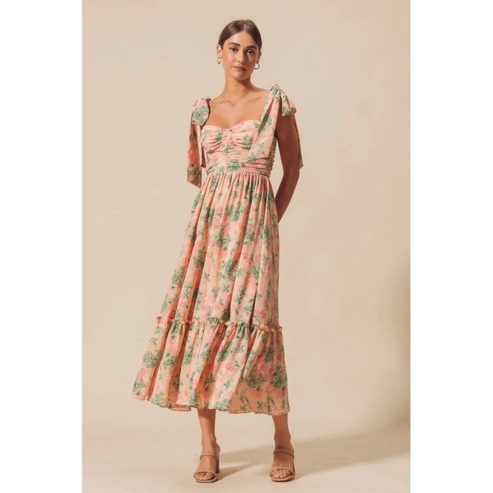 Tie-Shoulder Sweetheart Midi Dress in Blush Pink & Sage